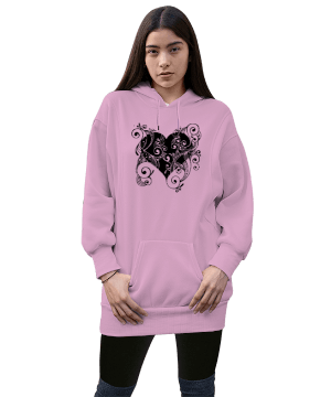 Kalp Kadın Uzun Hoodie Kapüşonlu Sweatshirt - Tisho