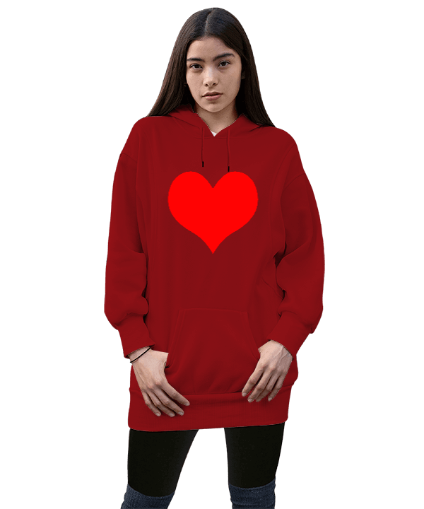 Tisho - kalp kırmızı tasarım Kadın Uzun Hoodie Kapüşonlu Sweatshirt