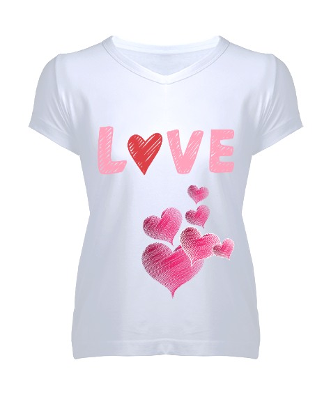 Tisho - Kalp Love Baskılı Beyaz Kadın V Yaka Tişört