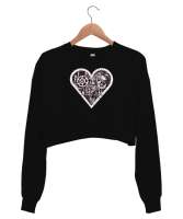 Kalp Mekanizma Siyah Kadın Crop Sweatshirt - Tisho