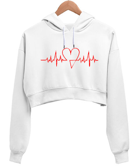Tisho - Kalp Nabız Baskılı Beyaz Kadın Crop Hoodie Kapüşonlu Sweatshirt