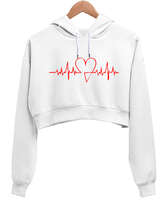 Kalp Nabız Baskılı Beyaz Kadın Crop Hoodie Kapüşonlu Sweatshirt - Tisho