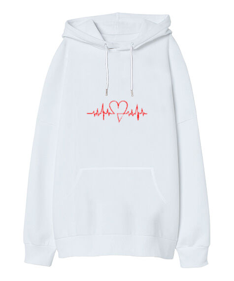 Tisho - Kalp Nabız Baskılı Beyaz Oversize Unisex Kapüşonlu Sweatshirt
