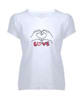 Kalp Oluşturan Eller Beyaz Kadın V Yaka Tişört - Tisho