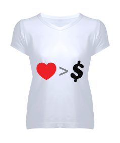 Tisho - kalp para dolar tasarımlı Kadın V Yaka Tişört