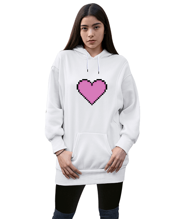 kalp pixel art Kadın Uzun Hoodie Kapüşonlu Sweatshirt