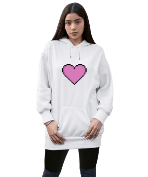 Tisho - kalp pixel art Kadın Uzun Hoodie Kapüşonlu Sweatshirt