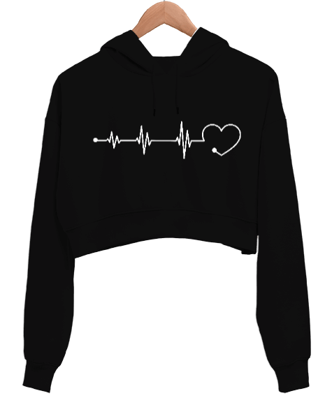 Kalp Ritim Kadın Crop Hoodie Kapüşonlu Sweatshirt - Tisho