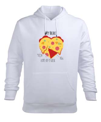 Kalp şeklinde pizza ve sen temalı Beyaz Erkek Kapüşonlu Hoodie Sweatshirt - Tisho