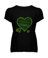 Kalp Siyah Kadın V Yaka Tişört - Tisho