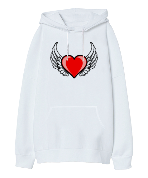 Tisho - Kalp ve Kanatlar - Heart And Wings Beyaz Oversize Unisex Kapüşonlu Sweatshirt