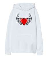 Kalp ve Kanatlar - Heart And Wings Beyaz Oversize Unisex Kapüşonlu Sweatshirt - Tisho