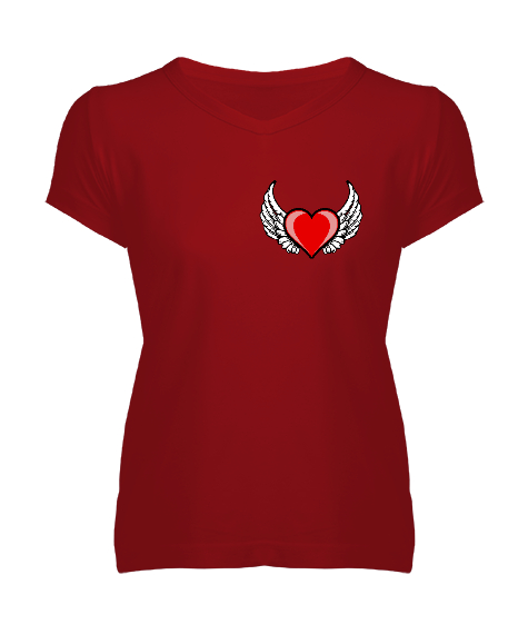 Tisho - Kalp ve Kanatlar - Heart And Wings Kırmızı Kadın V Yaka Tişört
