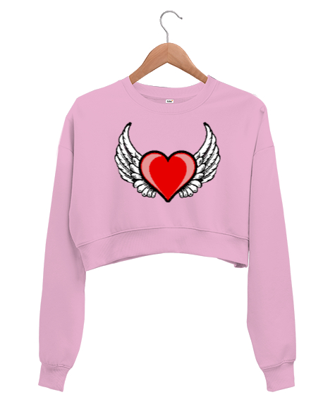 Tisho - Kalp ve Kanatlar - Heart And Wings Pembe Kadın Crop Sweatshirt