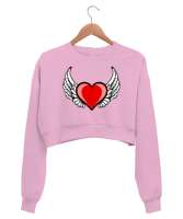 Kalp ve Kanatlar - Heart And Wings Pembe Kadın Crop Sweatshirt - Tisho