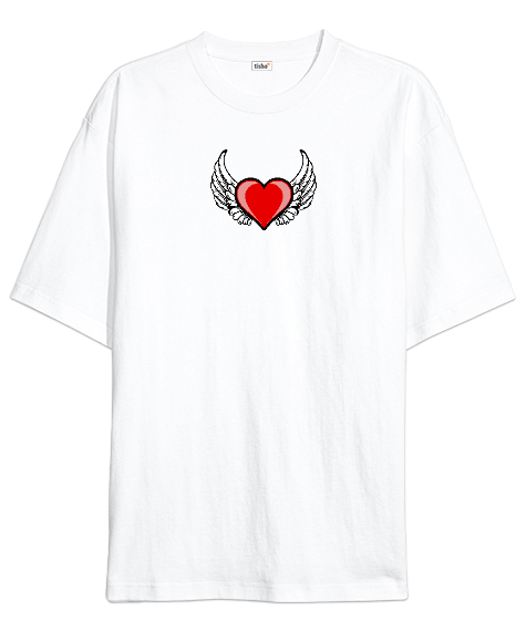 Tisho - Kalp ve Kanatlar - Heart And Wings - Sırt Baskılı Beyaz Oversize Unisex Tişört