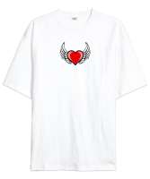 Kalp ve Kanatlar - Heart And Wings - Sırt Baskılı Beyaz Oversize Unisex Tişört - Tisho