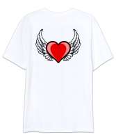Kalp ve Kanatlar - Heart And Wings - Sırt Baskılı Beyaz Oversize Unisex Tişört - Thumbnail