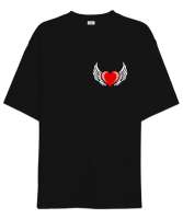 Kalp ve Kanatlar - Heart And Wings - Sırt Baskılı Siyah Oversize Unisex Tişört - Tisho