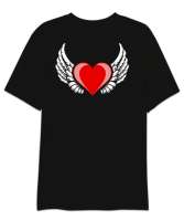 Kalp ve Kanatlar - Heart And Wings - Sırt Baskılı Siyah Oversize Unisex Tişört - Thumbnail