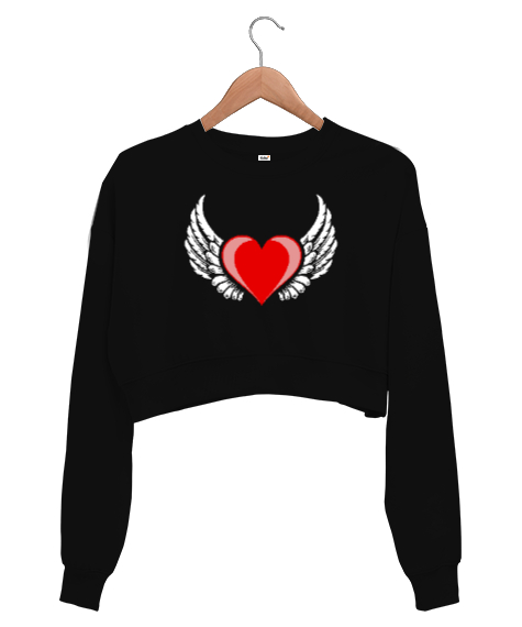 Tisho - Kalp ve Kanatlar - Heart And Wings Siyah Kadın Crop Sweatshirt