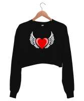 Kalp ve Kanatlar - Heart And Wings Siyah Kadın Crop Sweatshirt - Tisho