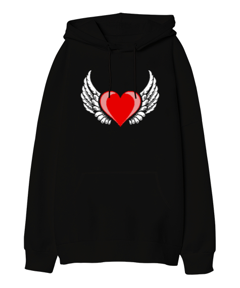 Tisho - Kalp ve Kanatlar - Heart And Wings Siyah Oversize Unisex Kapüşonlu Sweatshirt
