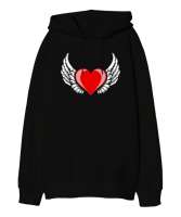 Kalp ve Kanatlar - Heart And Wings Siyah Oversize Unisex Kapüşonlu Sweatshirt - Tisho