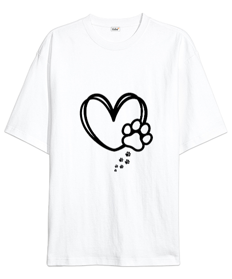 Tisho - Kalp ve Pati Baskılı Beyaz Oversize Unisex Tişört