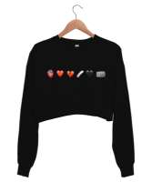 Kalp ve taş Siyah Kadın Crop Sweatshirt - Tisho