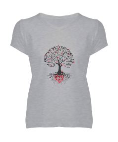 Kalp Yaprakli Agaç Kadın V Yaka Tişört - Tisho