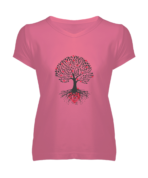 Tisho - Kalp Yapraklı Ağaç Kadın V Yaka Tişört