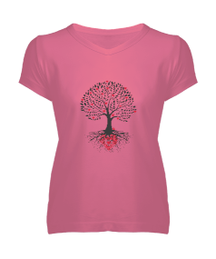 Kalp Yapraklı Ağaç Kadın V Yaka Tişört - Tisho