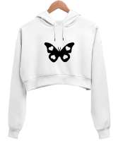 Kalpli kelebek baskılı Beyaz Kadın Crop Hoodie Kapüşonlu Sweatshirt - Tisho