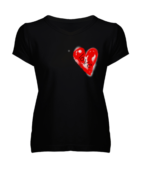 Tisho - Kalpli Love Yazılı Siyah Kadın V Yaka Tişört