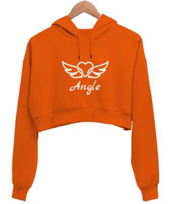 Kalpli Melek Baskılı Turuncu Kadın Crop Hoodie Kapüşonlu Sweatshirt - Tisho