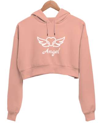 Kalpli Melek Baskılı Yavru Ağzı Kadın Crop Hoodie Kapüşonlu Sweatshirt - Tisho