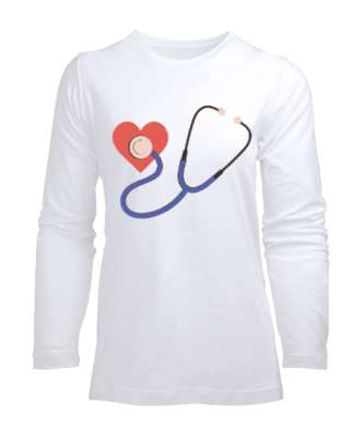 Kalpli Steteskop Doktor Hemşire Hediyesi Beyaz Kadın Uzun Kol Tişört - Tisho