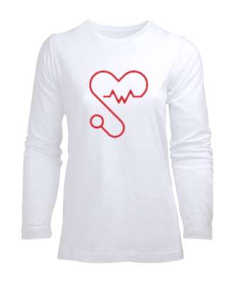 Kalpli Steteskop Doktor Hemşire Hediyesi Beyaz Kadın Uzun Kol Tişört - Tisho