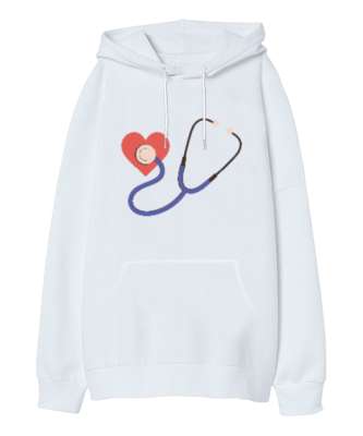 Kalpli Steteskop Doktor Hemşire Hediyesi Beyaz Oversize Unisex Kapüşonlu Sweatshirt - Tisho