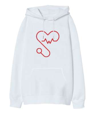 Kalpli Steteskop Doktor Hemşire Hediyesi Beyaz Oversize Unisex Kapüşonlu Sweatshirt - Tisho