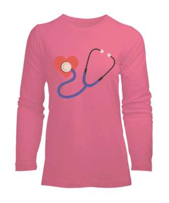 Kalpli Steteskop Doktor Hemşire Hediyesi Pembe Kadın Uzun Kol Tişört - Tisho