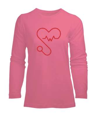 Kalpli Steteskop Doktor Hemşire Hediyesi Pembe Kadın Uzun Kol Tişört - Tisho