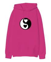  Kalpli Yin Yang Fuşya Oversize Unisex Kapüşonlu Sweatshirt - Tisho