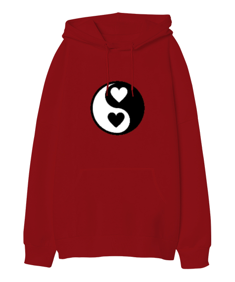 Tisho - Kalpli Yin Yang Kırmızı Oversize Unisex Kapüşonlu Sweatshirt