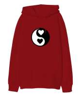 Kalpli Yin Yang Kırmızı Oversize Unisex Kapüşonlu Sweatshirt - Tisho