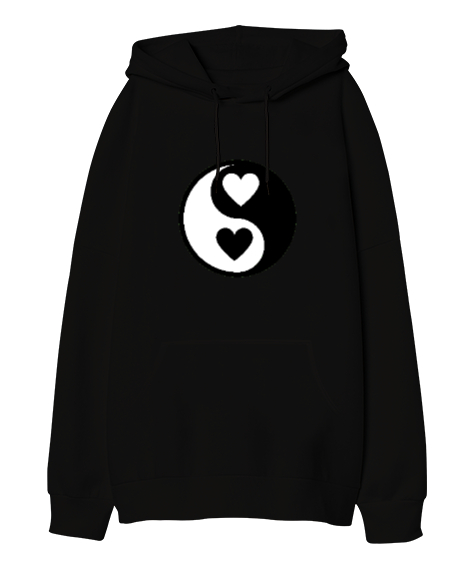 Tisho - Kalpli Yin Yang Siyah Oversize Unisex Kapüşonlu Sweatshirt