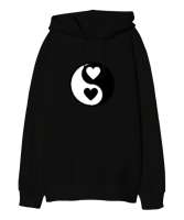 Kalpli Yin Yang Siyah Oversize Unisex Kapüşonlu Sweatshirt - Tisho