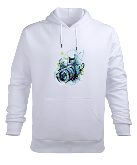 Tisho - Kamera tasarımlı Beyaz Erkek Kapüşonlu Hoodie Sweatshirt