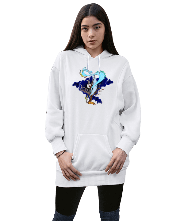 Tisho - Kamp Ateşi - Kadın - Beyaz - Hoodie Kapüşonlu Sweatshirt Kadın Uzun Hoodie Kapüşonlu Sweatshirt